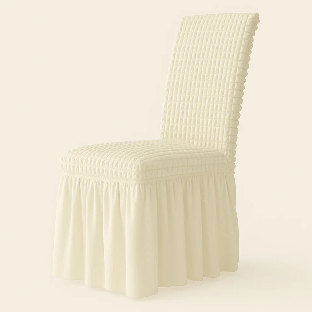 Housse de chaise avec détail de jupe – Parfaite pour les mariages, les fêtes et la décoration intérieure.